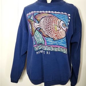 Vintage Tropical Fish Painted Collared Pullover Sweatshirt